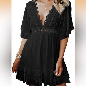 Elegant Black Lace Trim Mini Dress